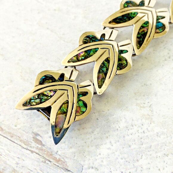 Vintage Signed Mexican Sterling Silver Abalone Inlay Bracelet Stylized Design - Picture 4 of 9